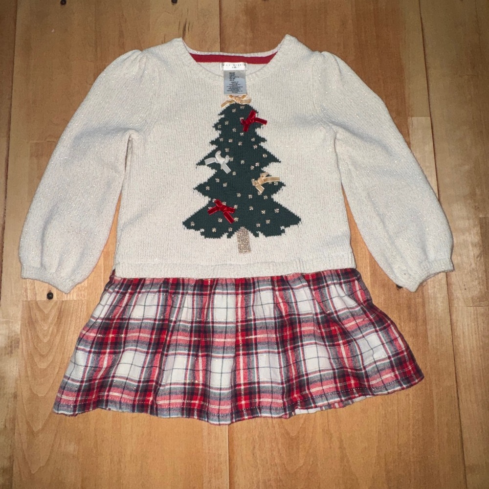 Max Studio Kids Girls 2T Christmas Tree Sweater Dress Plaid Skirt Metallic Cream